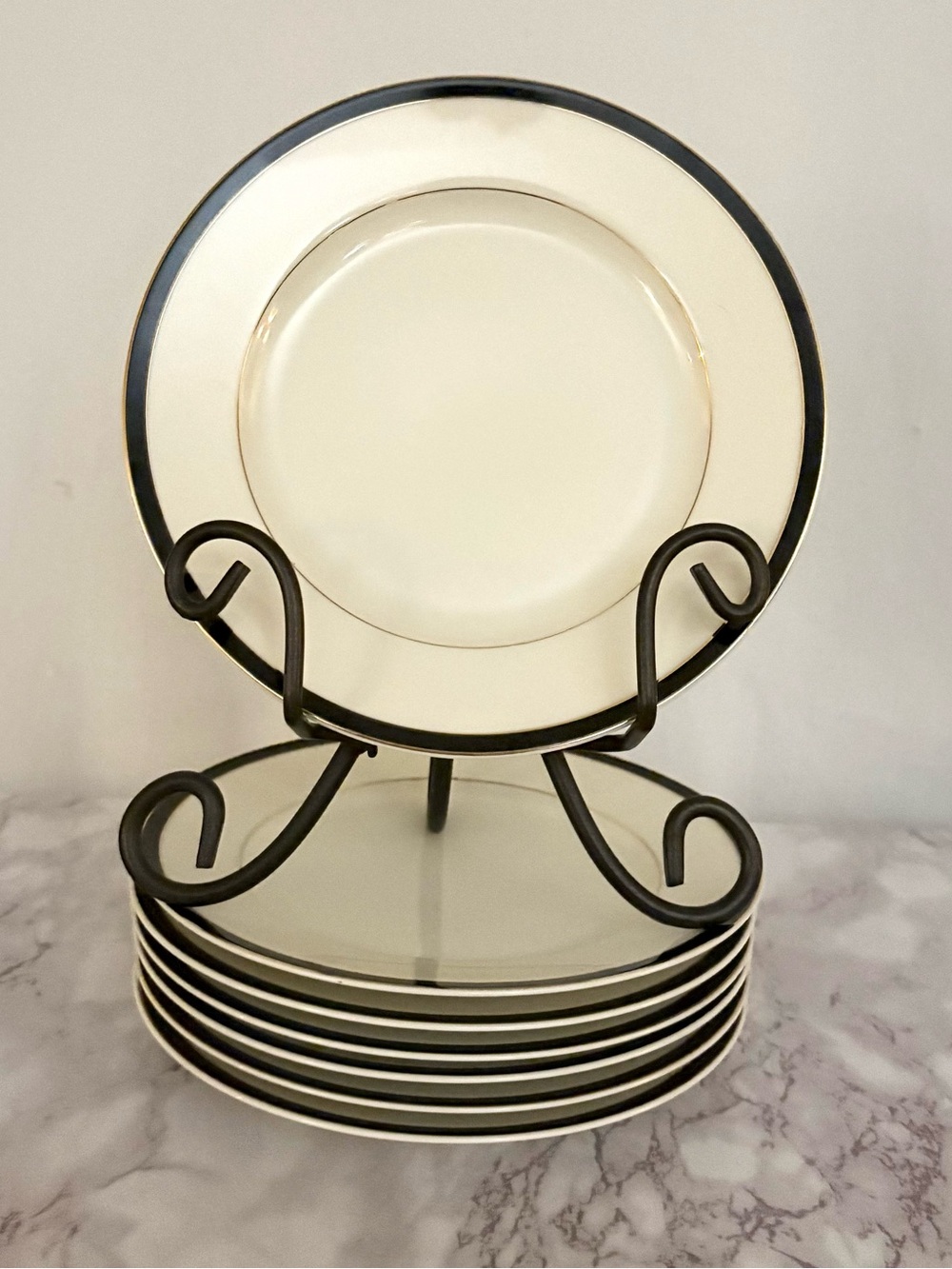 Vintage Mikasa Ivory China Salad Plates with Black and Gold Rim - Set of 7